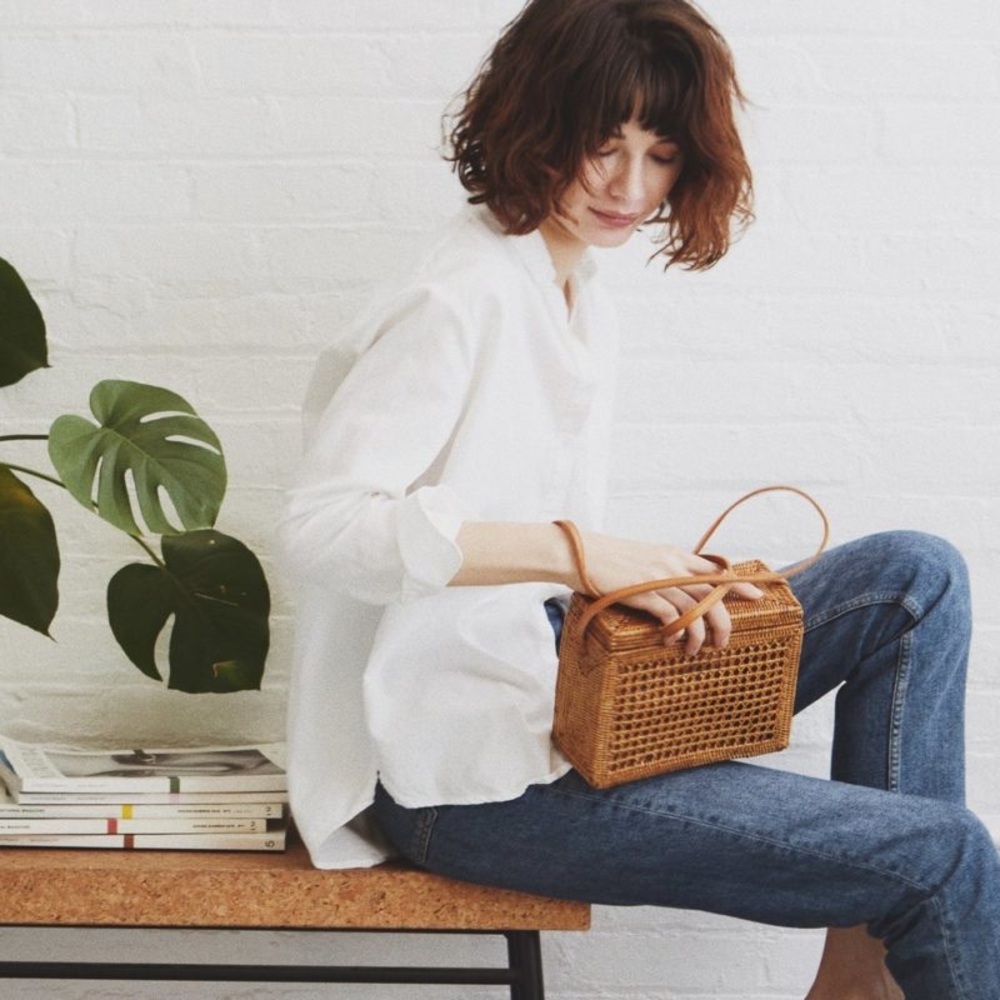 Bembien Flora Boxy Crossbody Bag in Woven Rattan with Leather Strap